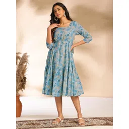 Janasya Floral Print Square Neck Cotton A-Line Dress-picture-29