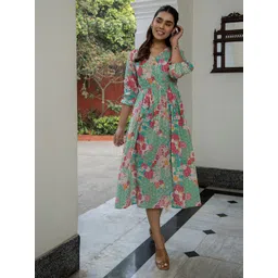 Janasya Floral Printed Pure Cotton Fit & Flare Ethnic Dress-picture-29