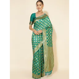 Janasya Green & Gold-Toned Ethnic Motifs Woven Design Zari Pure Silk Chanderi Saree-picture-41