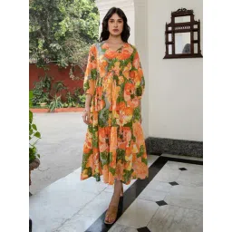 Janasya Multicolored Cotton Floral Print A-Line Dress-picture-11