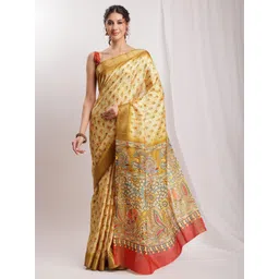 Janasya Olive Green Kalamkari Printed Saree with Blouse Piece-picture-37