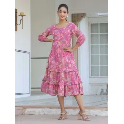 Janasya Pink Floral Janasya Women's Pink Georgette Floral Printed Tiered Dress-picture-12