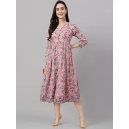 Janasya Pink Floral Print Chiffon A-Line Midi Dress-picture-11