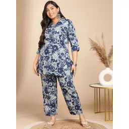 Janasya Plus Size Floral Printed V-Neck Shirt With Trousers-picture-16