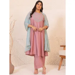 Janasya Plus Size Floral Yoke Design Embroidered Kurta With Palazzos & Dupatta-picture-18