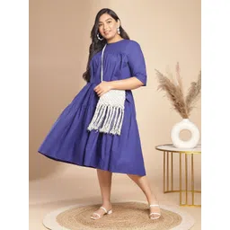 Janasya Plus Size Round Neck Belted Tiered Cotton A-Line Midi Dress-picture-38