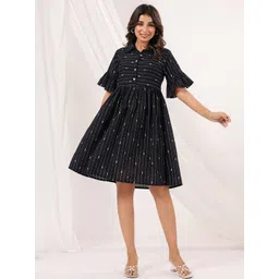 Janasya Women Black Cotton Striped Fit and Flare Dress-picture-20