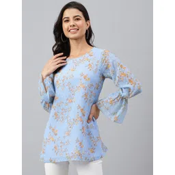 Janasya Women Blue Dobby Georgette Digital Print A-Line Top image 1