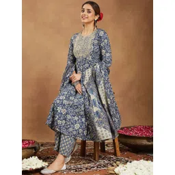 Janasya Women Blue Floral Printed Anarkali Pure Cotton Kurta Set-picture-11