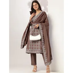 Janasya Women Ethnic Motifs Printed Cotton Kurta with Trousers & Dupatta-picture-29