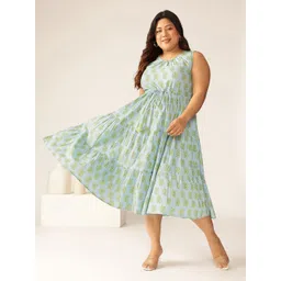 Janasya Women Ethnic Motifs Printed Fit & Flare Round Neck Gathered Midi Dress-picture-37