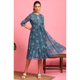 janasya Women Fit and Flare Blue Midi/Calf Length Dress-picture-36