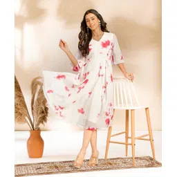 janasya Women Fit and Flare Red, White Midi/Calf Length Dress-picture-15