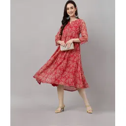 janasya Women Fit and Flare Red, White, Pink Midi/Calf Length Dress-picture-16