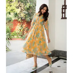 janasya Women Fit and Flare Yellow Below Knee Dress-picture-33