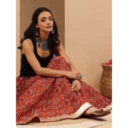 janasya Women Floral Print Flared Orange Skirt-picture-15