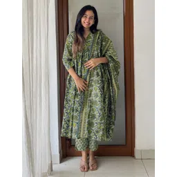 Janasya Women Floral Printed Cotton A-Line Kurta with Trousers & Dupatta-picture-12