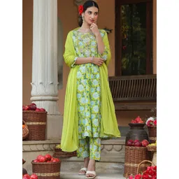 Janasya Women Floral Printed Cotton A-Line Kurti with Trousers & Dupatta-picture-13