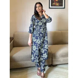 Janasya Women Floral Printed Cotton Kurta with Trousers-picture-36