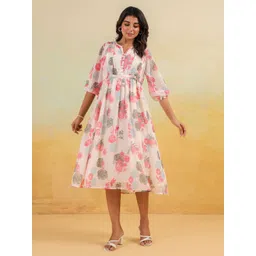 Janasya Women Floral Printed Gathered Puff Sleeve Georgette Fit and Flare Midi Dress-picture-24