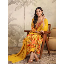 Janasya Women Floral Printed Pleated Sequinned Kurta with Trousers & With Dupatta-picture-27
