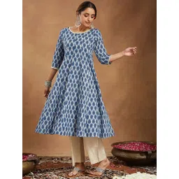 Janasya Women Indigo Blue & Beige Paisley Printed Anarkali Pure Cotton Kurta Palazzo Set-picture-21