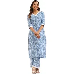 janasya Women Light Blue Pure Cotton Kurta Palazzo Set with Kalamkari Print Outfit for Women-picture-32