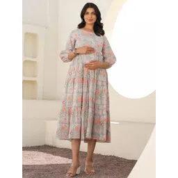 Janasya Women Light Green Pure Cotton Floral Printed Tiered Maternity Fit and Flare Dress-picture-25