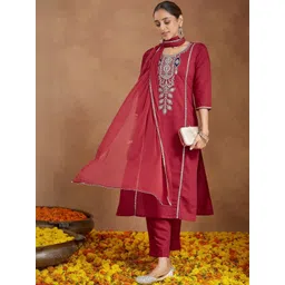 Janasya Women Maroon Silk Blend Embroidered Straight Kurta Set-picture-38