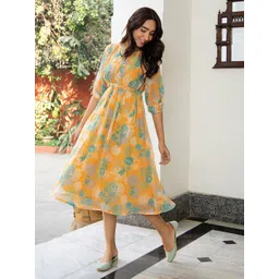 Janasya Women Mustard Dobby Georgette Floral Printed Flared Dresses-picture-37