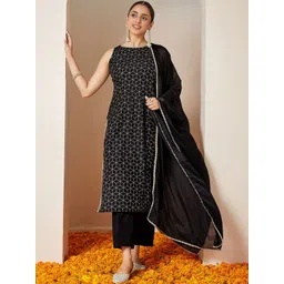 Janasya Women Printed Regular Sequinned Chanderi Silk Kurta with Trousers & Dupatta-picture-20