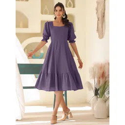 Janasya Women Puff Sleeve Fit and Flare Midi Dress-picture-11