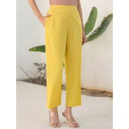 Janasya Women Relaxed Straight Leg Yellow Cotton Solid Pant-picture-19