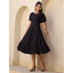 Janasya Women SolidPuff Sleeve Fit And Flare Midi Dress-picture-18