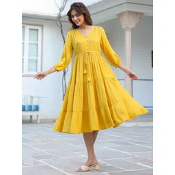 janasya Women Tiered Yellow Midi/Calf Length Dress-picture-18