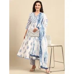 Janasya Women White & Blue Pure Cotton Printed Gotta Patti Angrakha Kurta Set & Dupatta-picture-17
