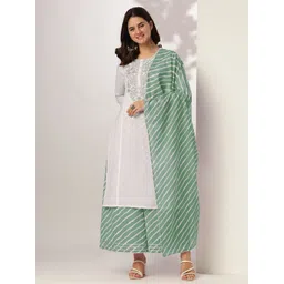 Janasya Women White & Sage Green Pure Cotton Yoke Embroidered Straight Kurta With Palazzo & Dupatta Set-picture-21
