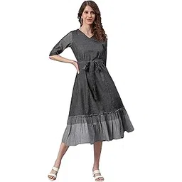 janasya Women's Black Cotton Striped Midi Dress-picture-18