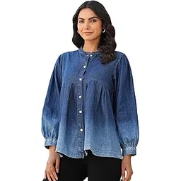 janasya Women's Blue Denim Faded Flared Top-picture-22