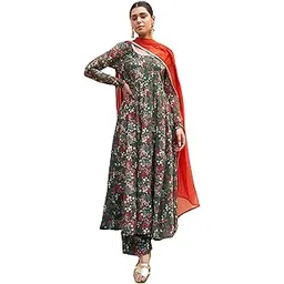 janasya Women's Bottle Green Georgette Digital Floral Printed Kurta with Palazzo and Dupatta-picture-15