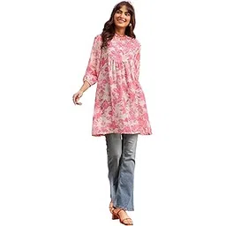 janasya Women's Cream & Pink Silk Blend Floral Printed A-line Tunic-picture-34