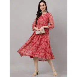 Janasya Women's Dark Pink Chiffon Lurex Floral Printed Flared Dress-picture-29