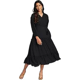janasya Women'S Dobby Chiffon Woven Design Tiered Dress-picture-35
