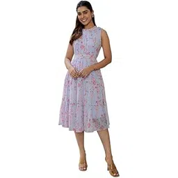 janasya Women's Fit and Flare Calf Length Dobby Georgette Floral Tiered Dress-picture-39