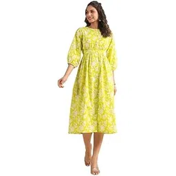 janasya Women's Fit and Flare Calf Length Floral Printed Gathered Dress-picture-36