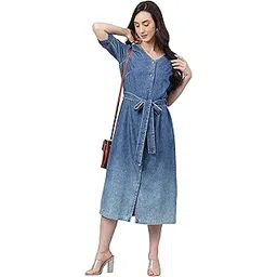 janasya Women's Fit and Flare Midi Denim Tie-Up Dress-picture-39