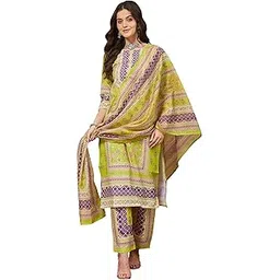janasya Women's Green Cotton Blend Floral Printed Pakistani Style Straight Kurta Set-picture-12
