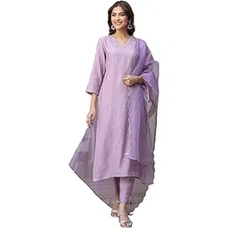 janasya Women's Lavender Chinon Embellished Kurta with Pant and Dupatta Set-picture-10