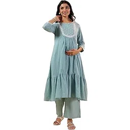 janasya Women's Light Blue Dobby Pure Cotton Yoke Embroidered A-line Maternity Kurta Pant Set-picture-11