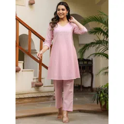 Janasya Women's Light Pink Dobby Pure Cotton Self Design V-Neck A-line Co-ord Set-picture-25